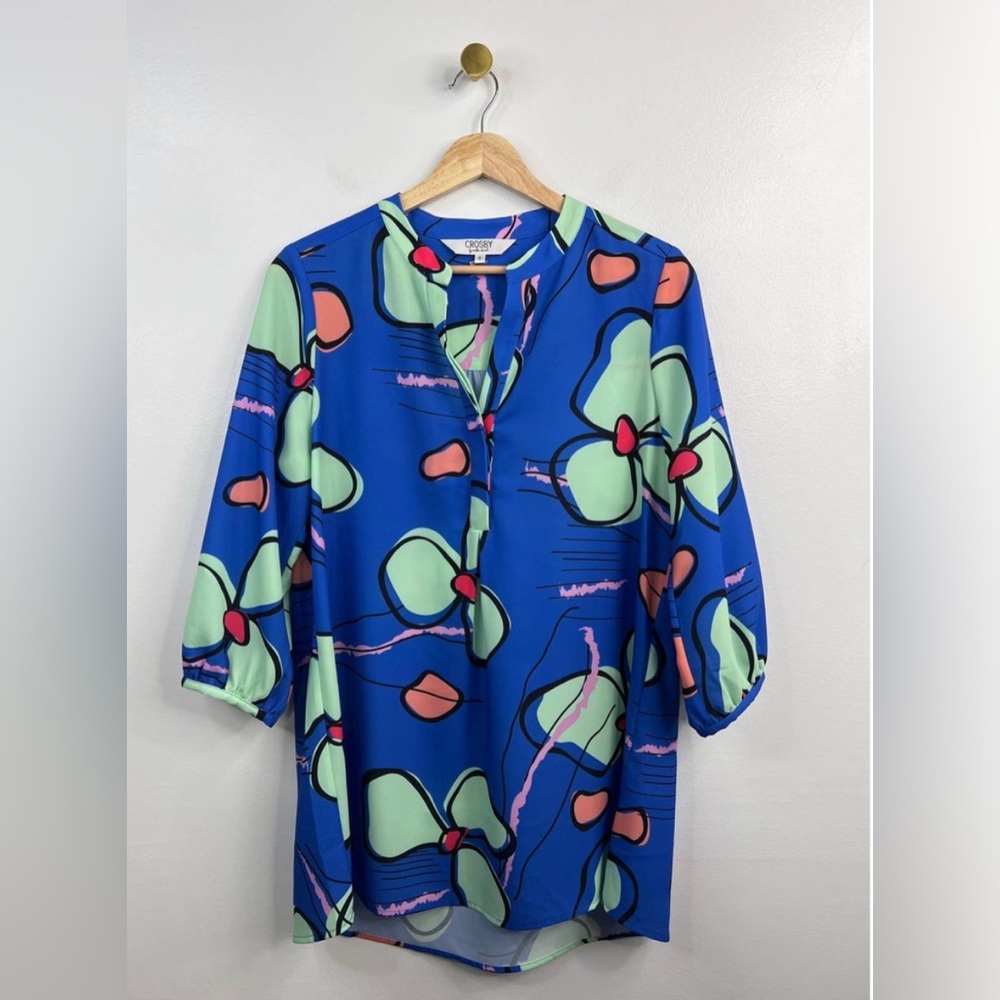 Crosby by Mollie Burch Floral V-Neck Blouse Top Blue/Green Size: Small